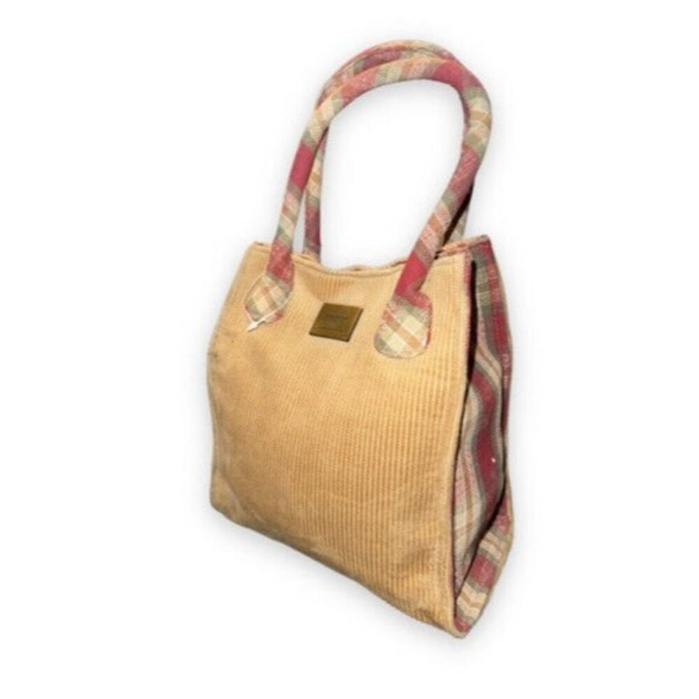 Longaberger Tote Plaid Handle Homestead 100% Cotton Tan Corduroy 8" Bag